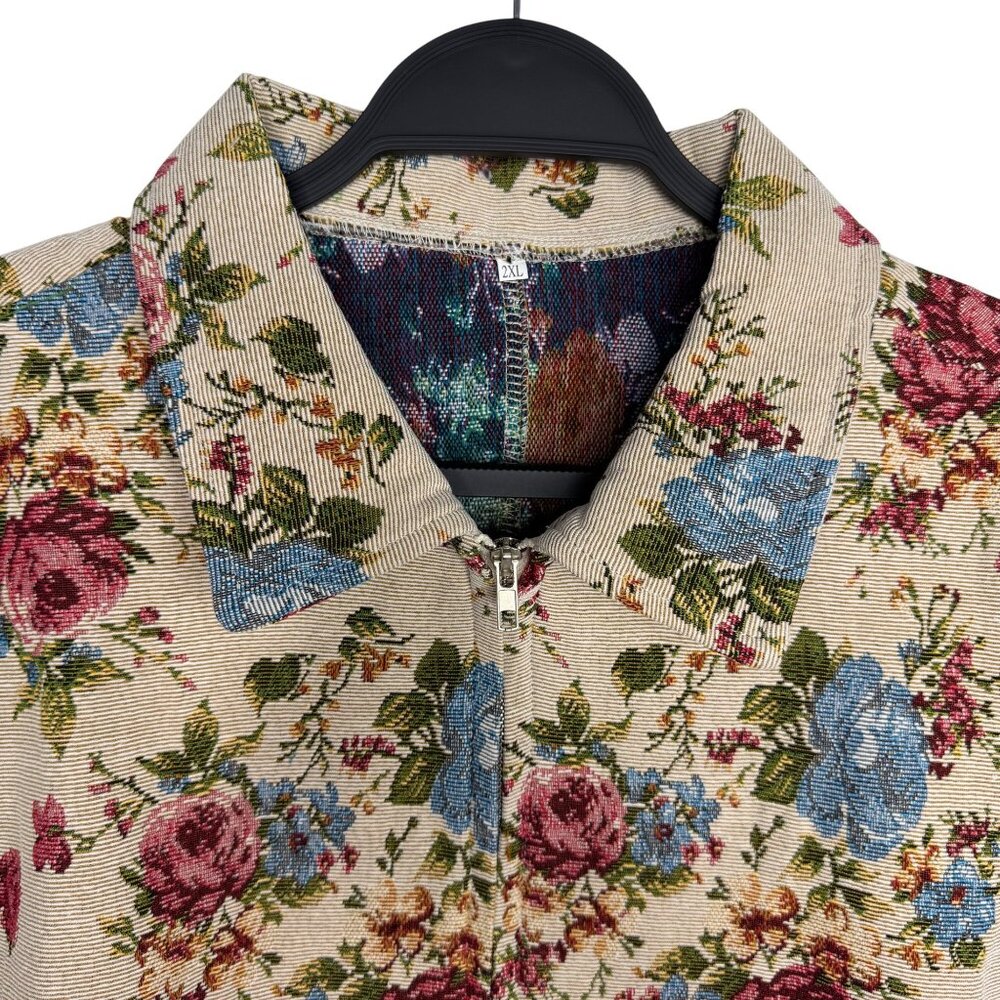 Floral Pattern Beige Zip-Up Jacket 2XL Pink & Blue Roses Lightweight - Picture 2 of 9